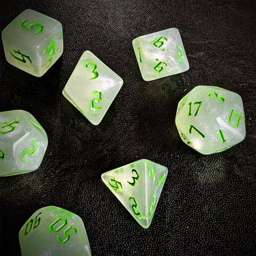 Glitter in White Acrylic with Green Font - 7pcs RPG Full Dice Set Scatter